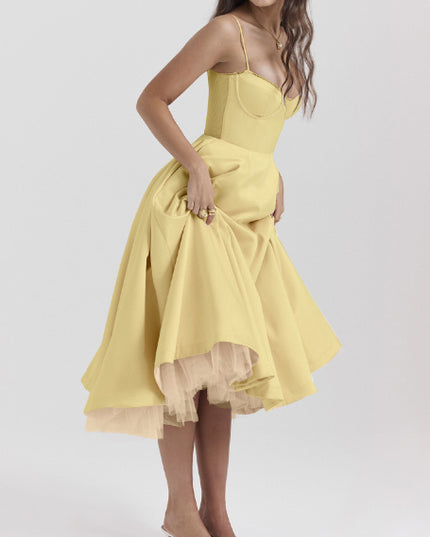 Lace Patchwork Sleeveless V-neck Puffy Long Dress Yellow Dress