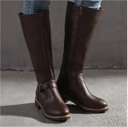 Women Leather Knee High Boots Dark Brown Boots