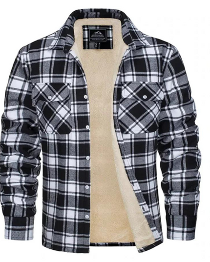 Men's Fleece-Lined Plaid Shirt Jacket Black Men Shirts