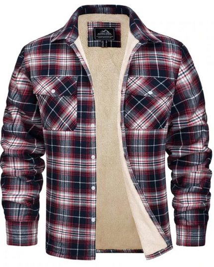 Men's Fleece-Lined Plaid Shirt Jacket Red Men Shirts