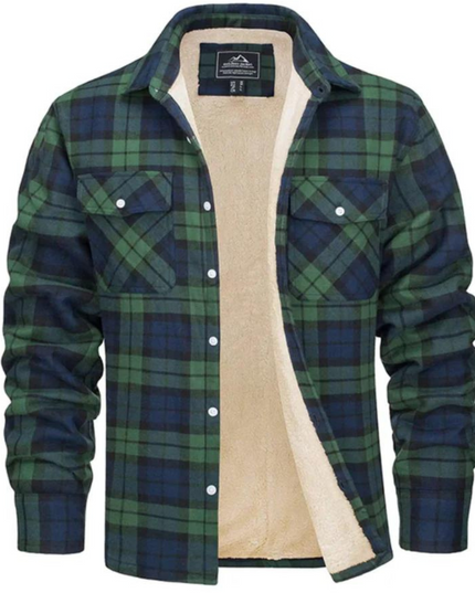 Men's Fleece-Lined Plaid Shirt Jacket Green Men Shirts