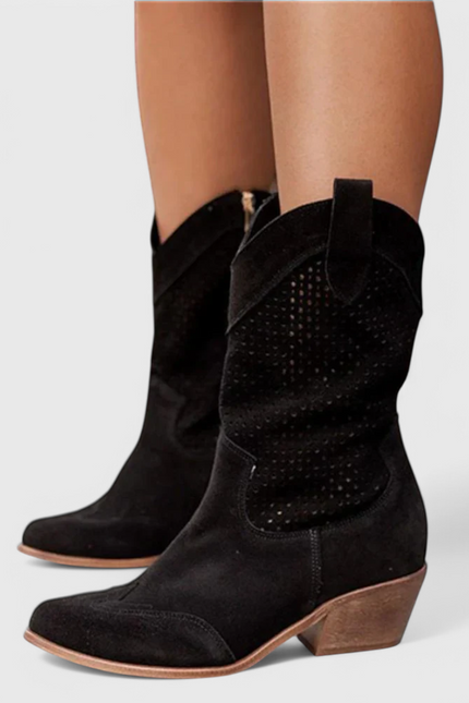Anna Modern Cowboy Boots with Side Zip Breathable Comfort Black Boots