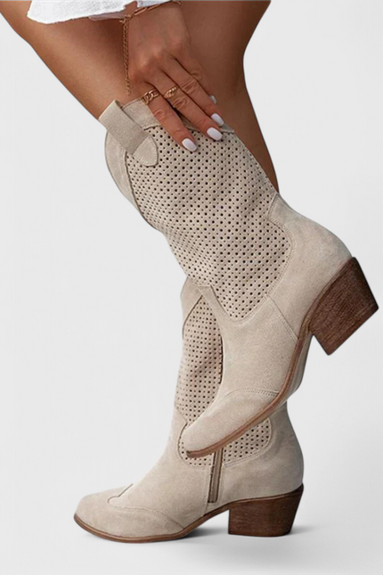 Anna Modern Cowboy Boots with Side Zip Breathable Comfort Khaki Boots