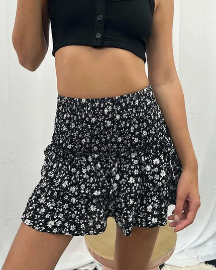 Rose Summer Mini Skirt with Built-In Shorts Black flower Skirts