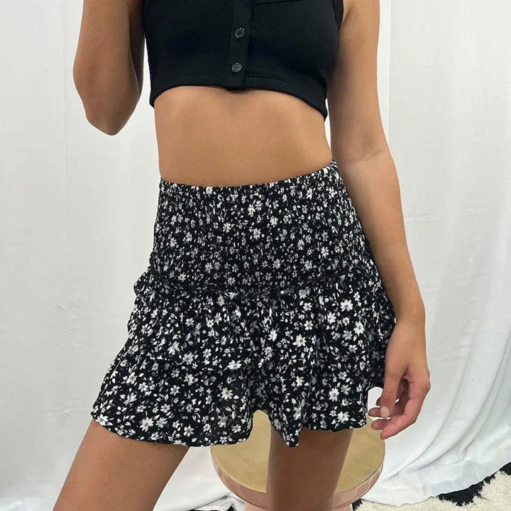 Rose Summer Mini Skirt with Built-In Shorts Black flower Skirts