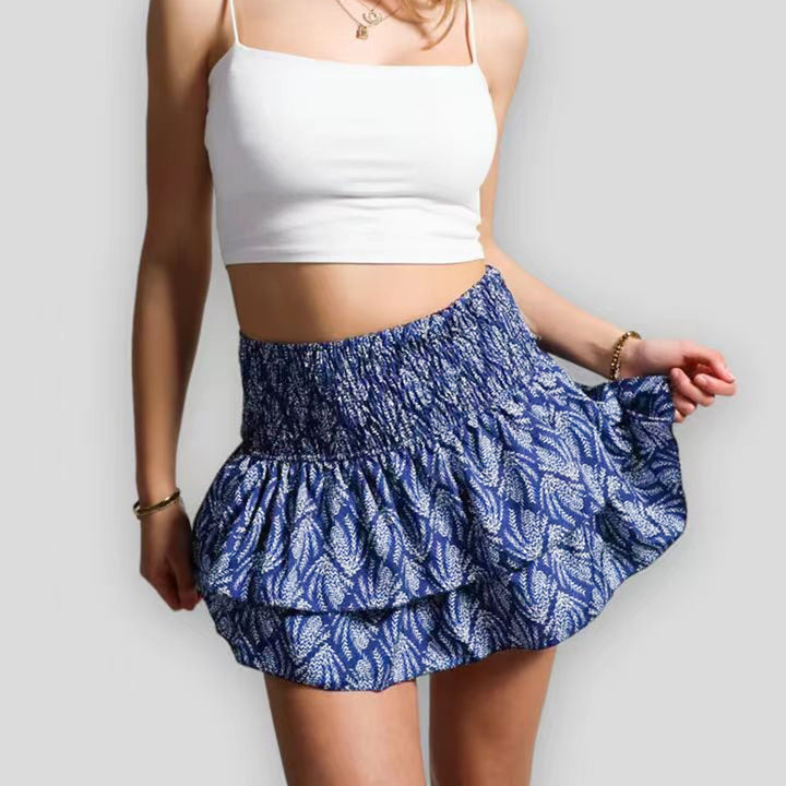 Rose Summer Mini Skirt with Built-In Shorts Dark blue leaves Skirts