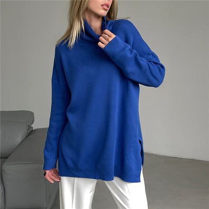Elegant Split-Hem Turtleneck Sweater royal blue Sweater