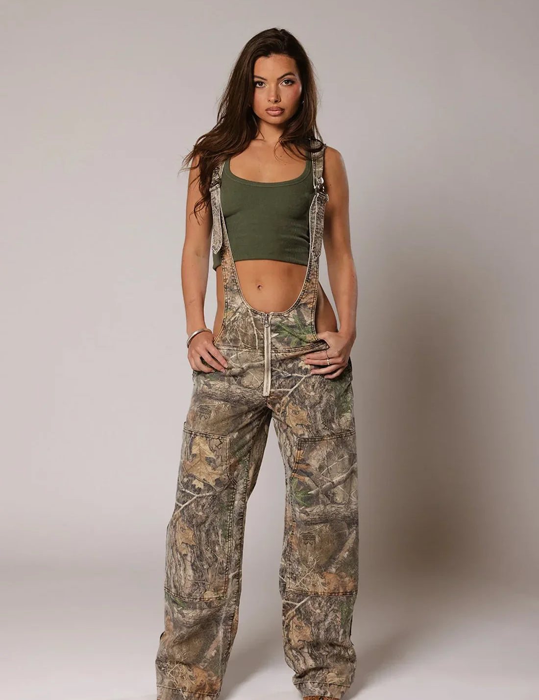 Camouflage Deep-V Denim Overalls Camo Women Jumpsuit