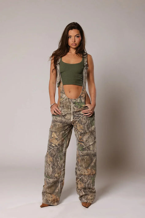 Camouflage Deep-V Denim Overalls Camo Women Jumpsuit