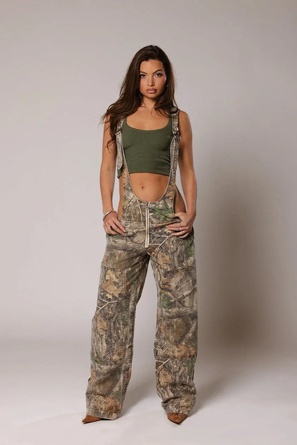 Camouflage Deep-V Denim Overalls Camo Women Jumpsuit