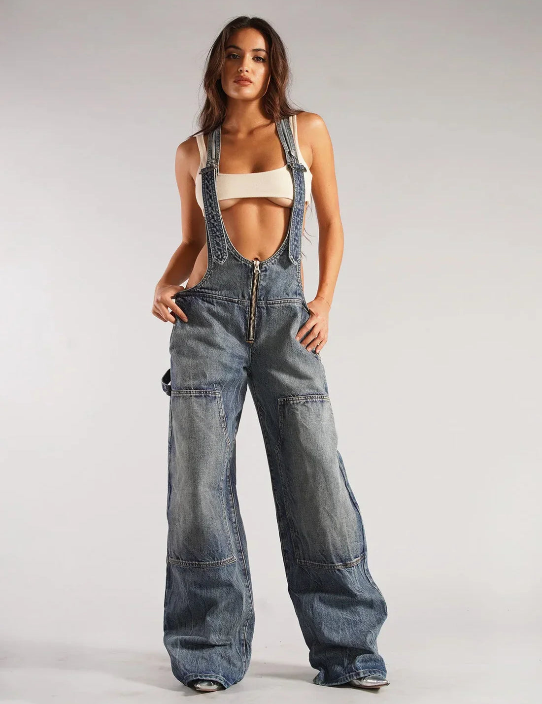 Camouflage Deep-V Denim Overalls Blue Denim Women Jumpsuit