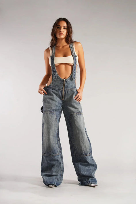 Camouflage Deep-V Denim Overalls Blue Denim Women Jumpsuit