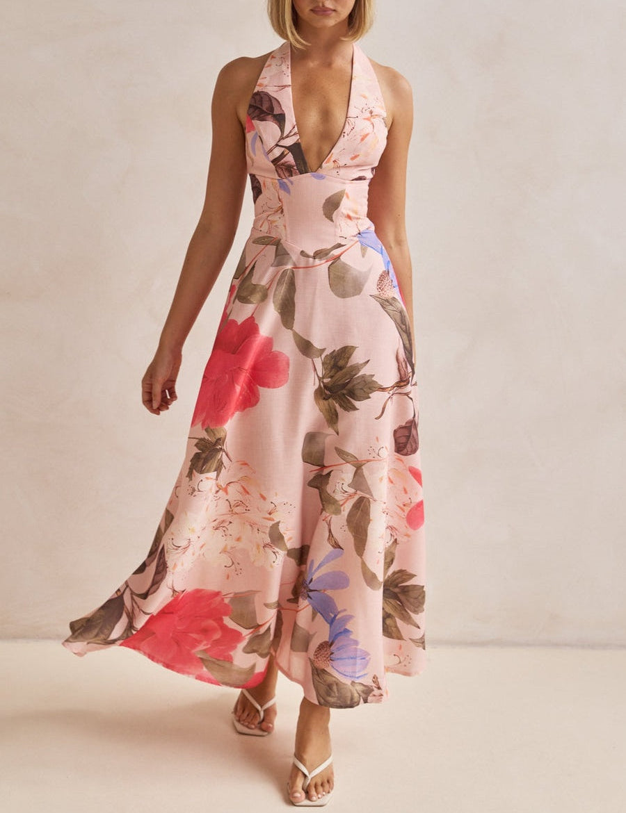 Plunging V-Neck Maxi Dress (Printed) Pink Dresses