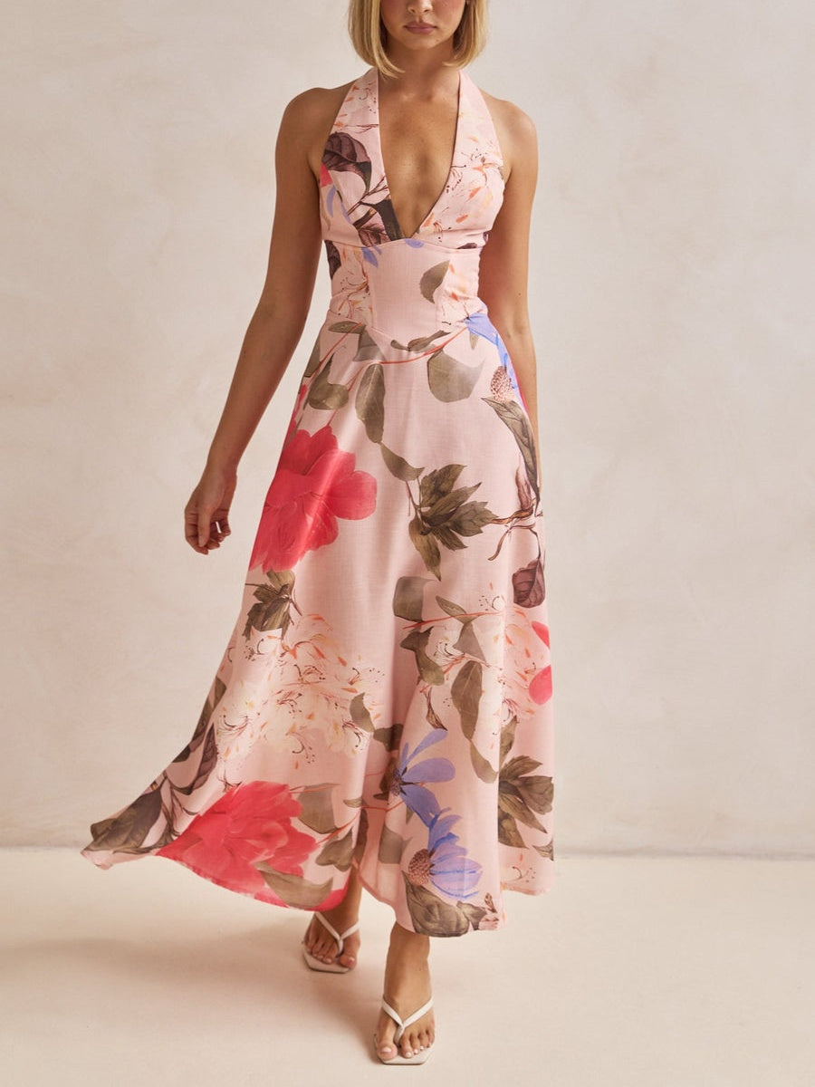 Plunging V-Neck Maxi Dress (Printed) Pink Dresses