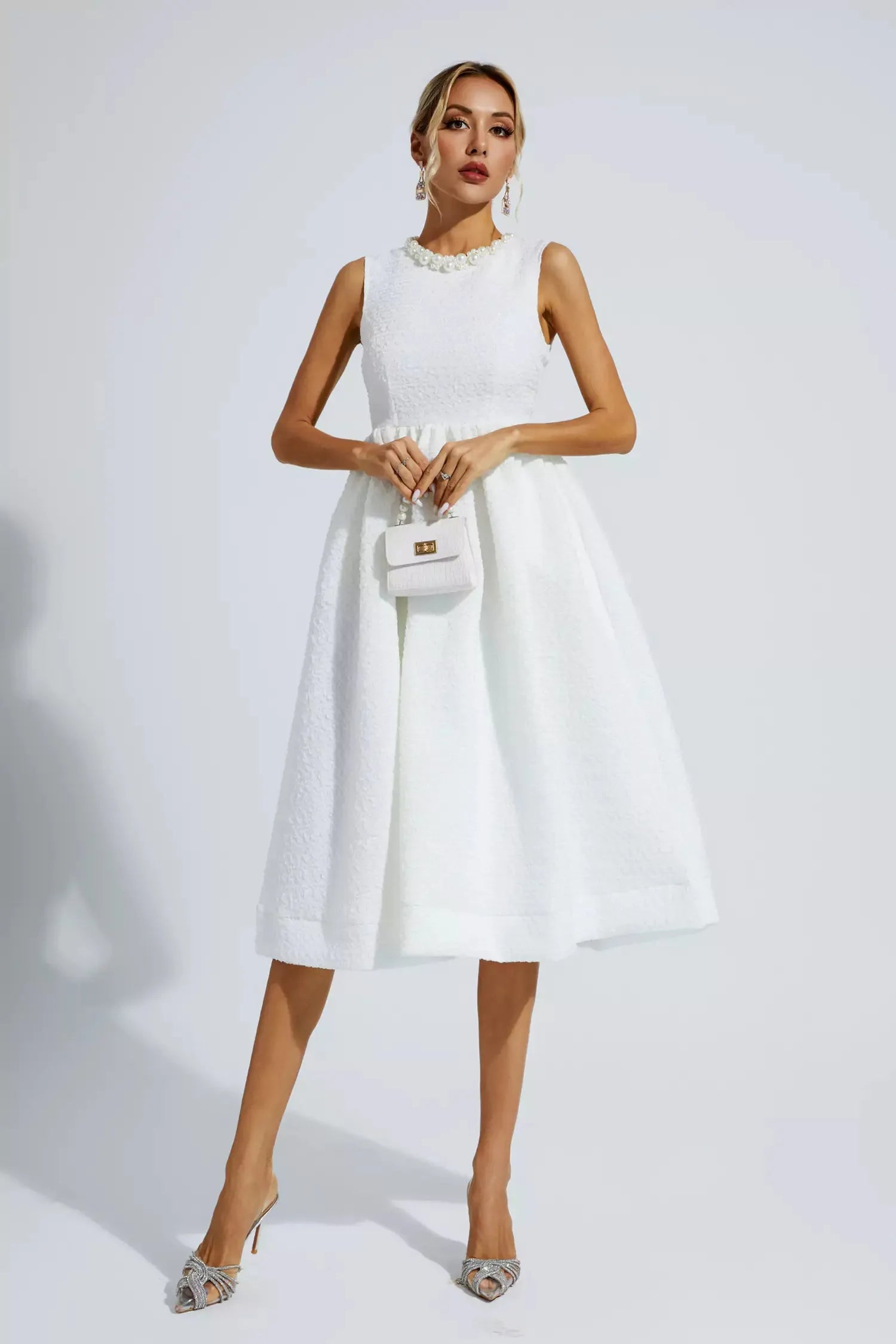 Elaina™ | White Pearl Sleeveless Midi Dress XL Dresses