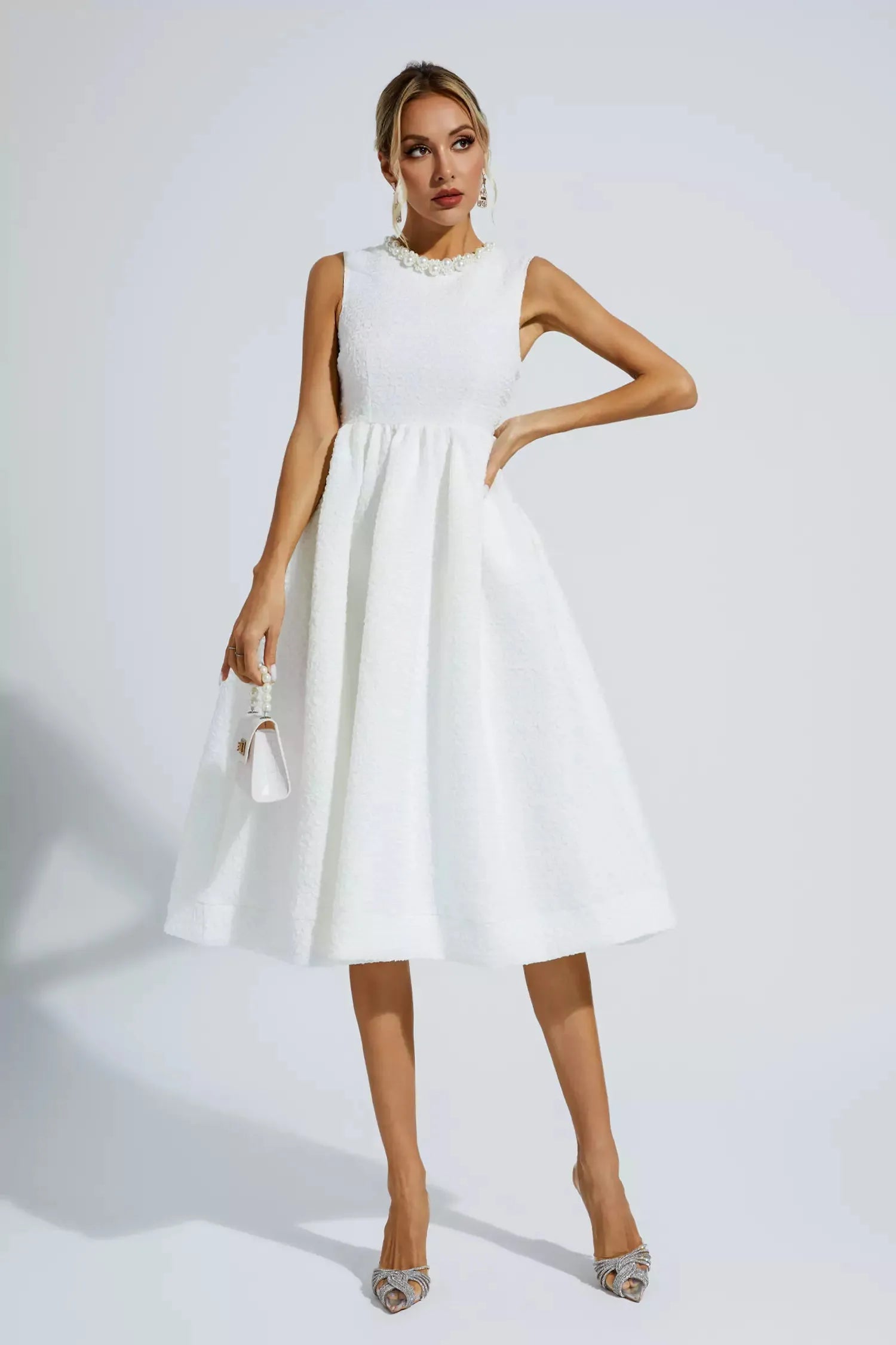 Elaina™ | White Pearl Sleeveless Midi Dress Dresses