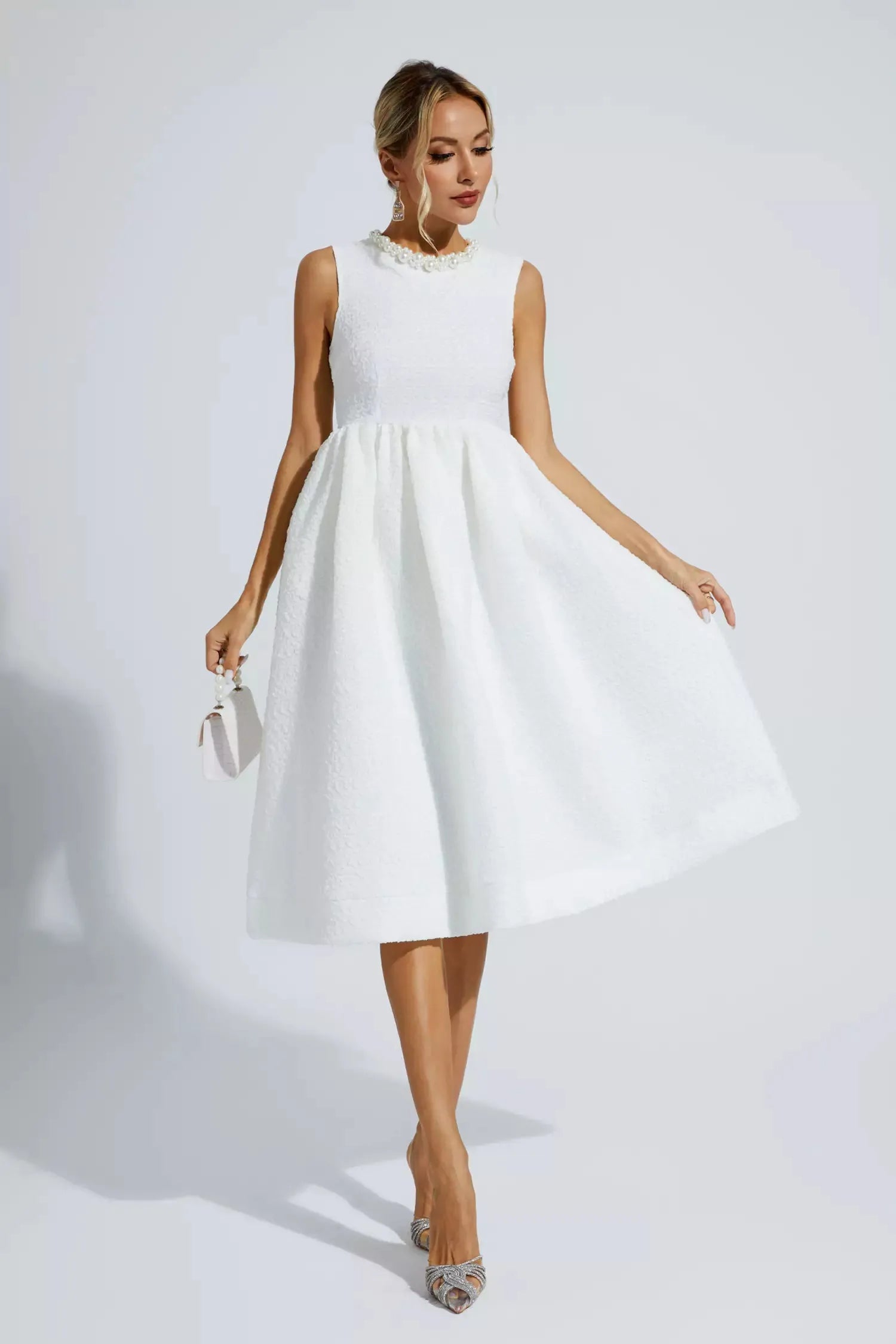 Elaina™ | White Pearl Sleeveless Midi Dress S Dresses
