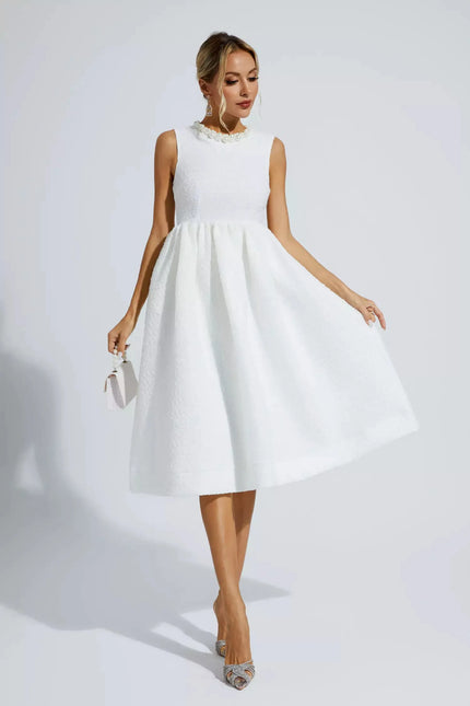 Elaina™ | White Pearl Sleeveless Midi Dress S Dresses
