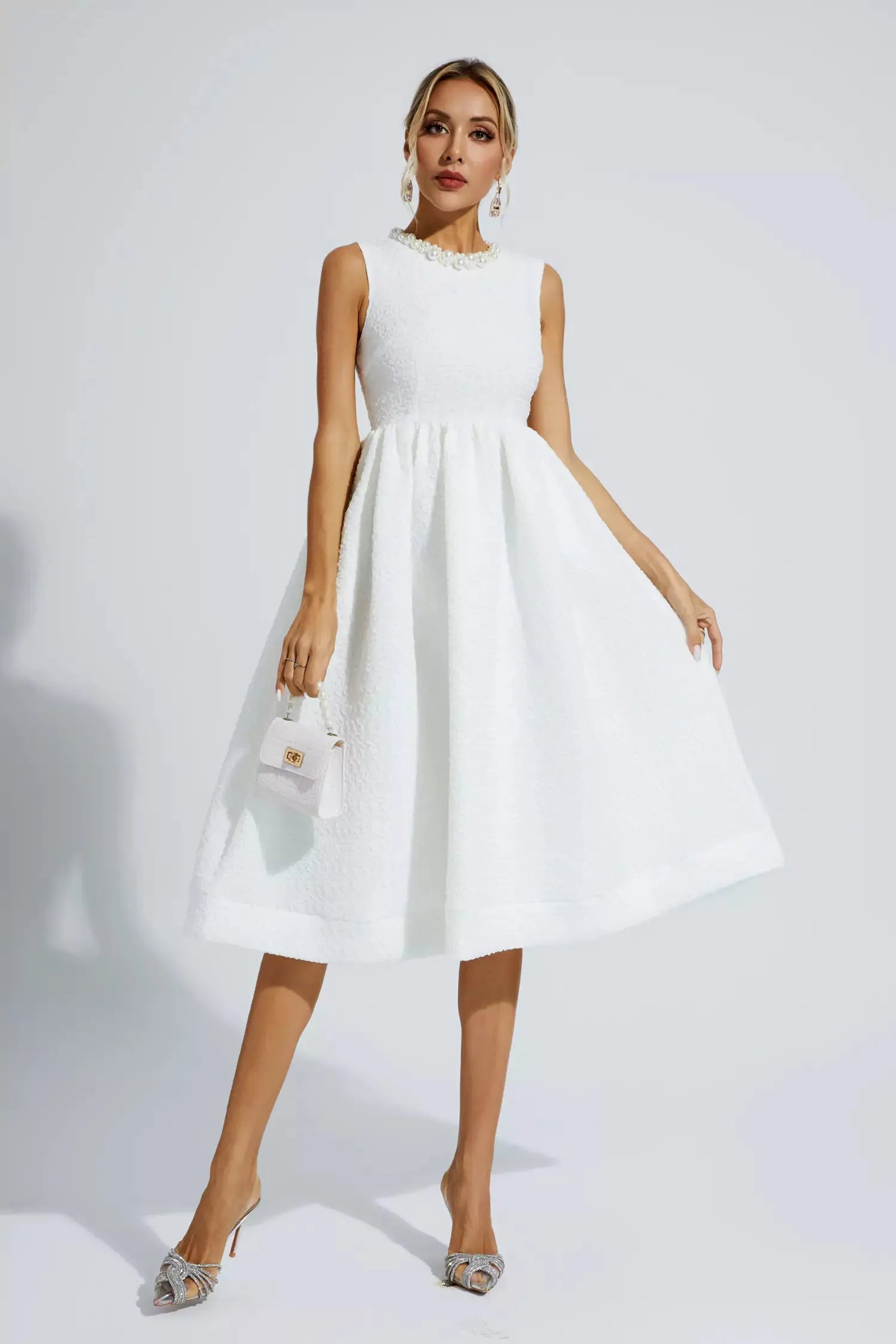 Elaina™ | White Pearl Sleeveless Midi Dress Dresses