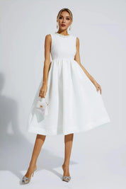 Elaina™ | White Pearl Sleeveless Midi Dress Dresses