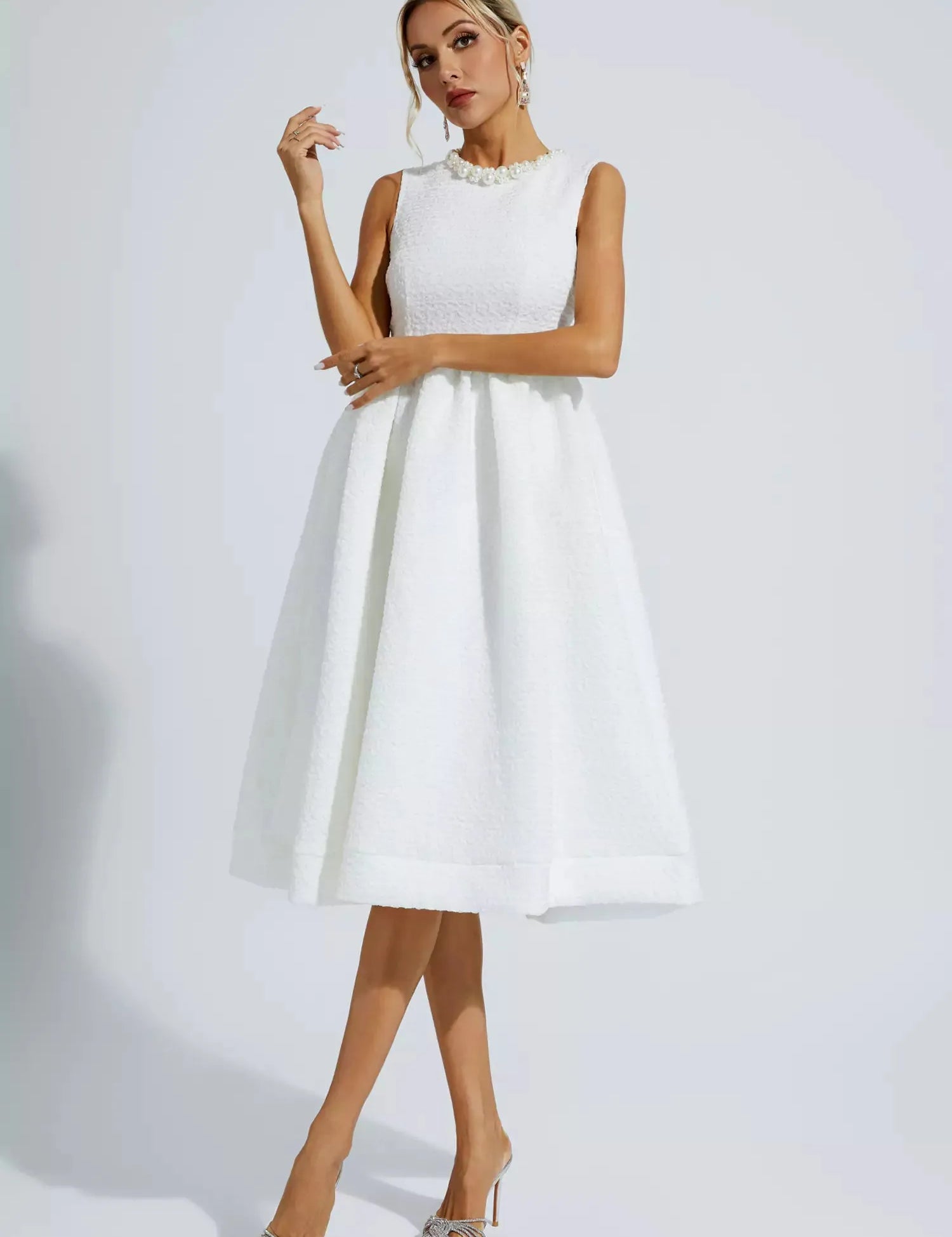 Elaina™ | White Pearl Sleeveless Midi Dress L Dresses