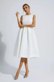 Elaina™ | White Pearl Sleeveless Midi Dress L Dresses