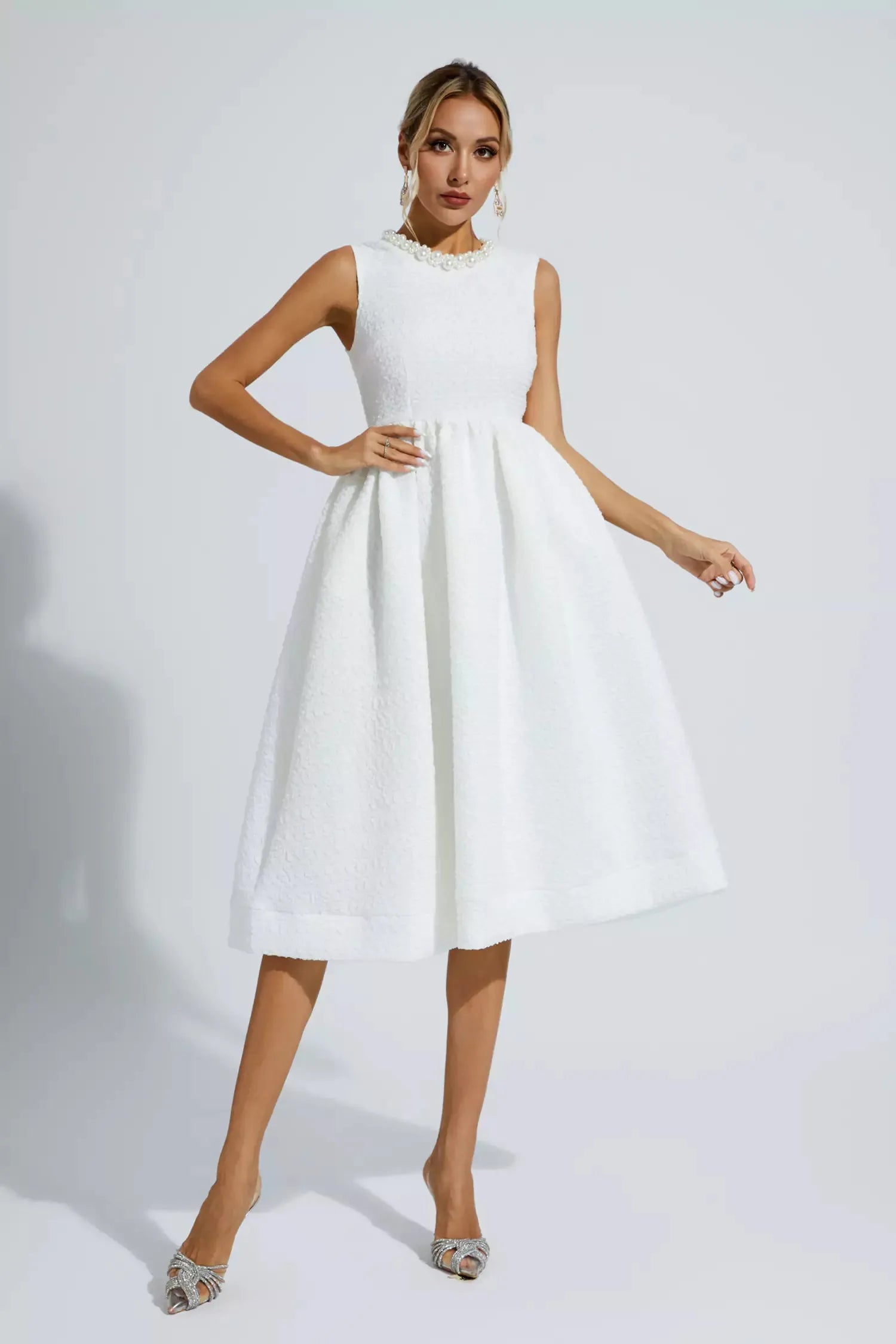 Elaina™ | White Pearl Sleeveless Midi Dress M Dresses