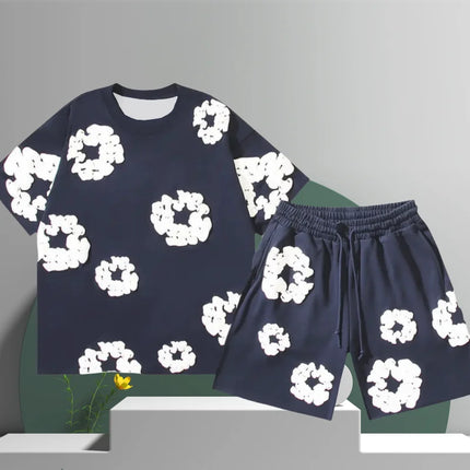 Men's Denim Tears Cotton Flower 3D Printed Shorts Set Navy blue Shorts