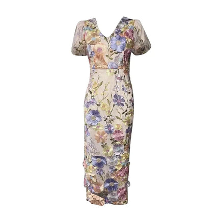 Emilia™ | Floral Puff Sleeve Midi Dress Purple Dress