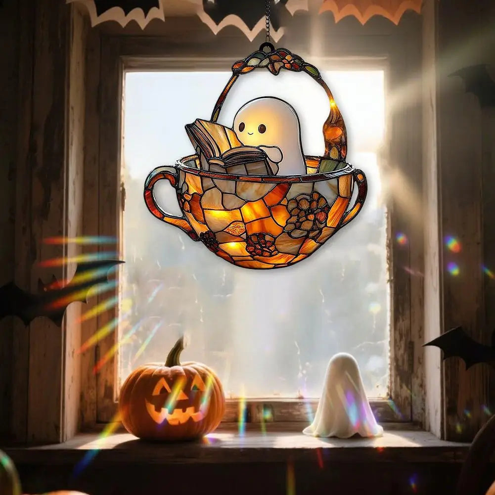 Ghost Reading Book Window Ornament Halloween Decorations