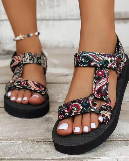 Boho Summer Sandals – Flat Embellished Leather Sandals with Adjustable Straps Red Sandals
