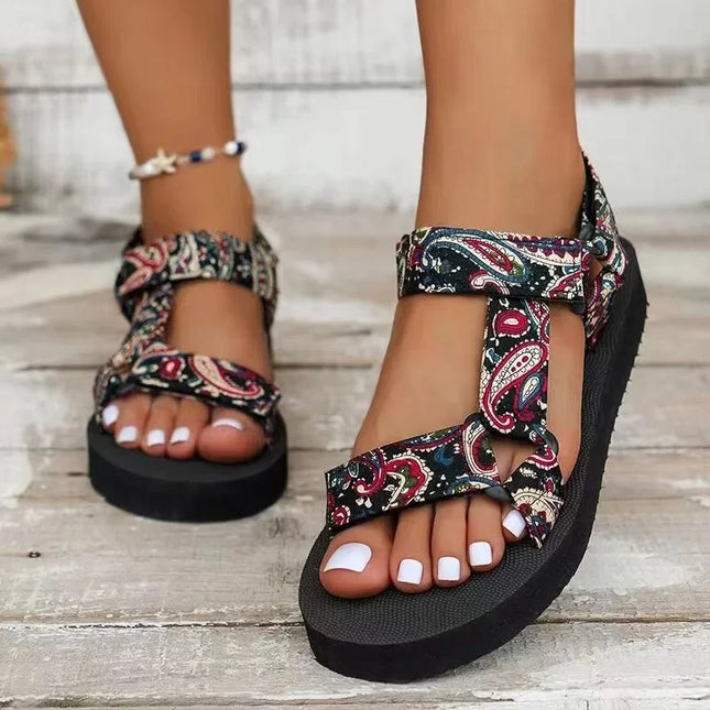 Boho Summer Sandals – Flat Embellished Leather Sandals with Adjustable Straps Red Sandals