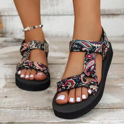 Boho Summer Sandals – Flat Embellished Leather Sandals with Adjustable Straps Red Sandals
