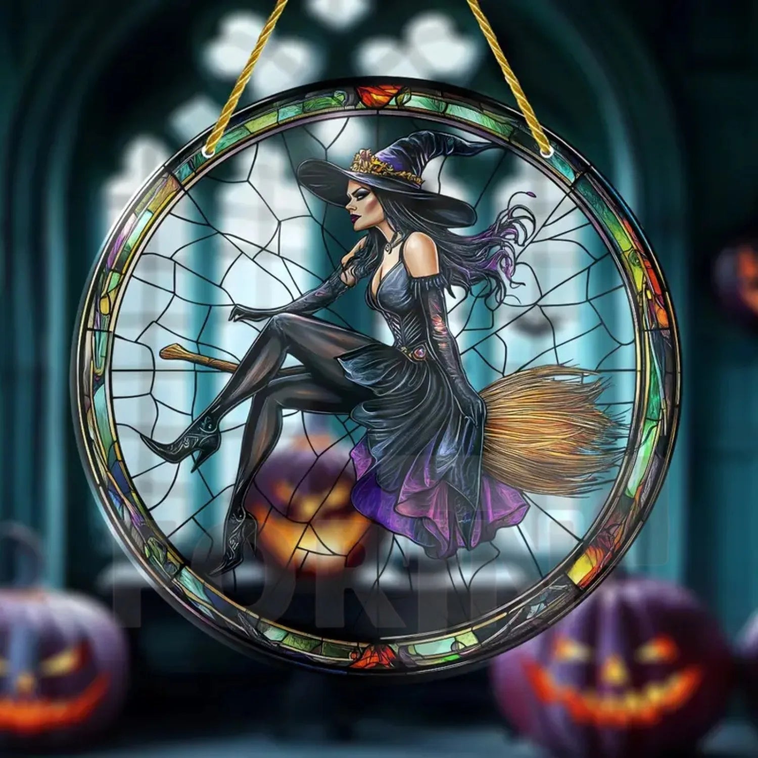 Moonlit Witch & Broom Acrylic Suncatcher 9 Halloween Decorations