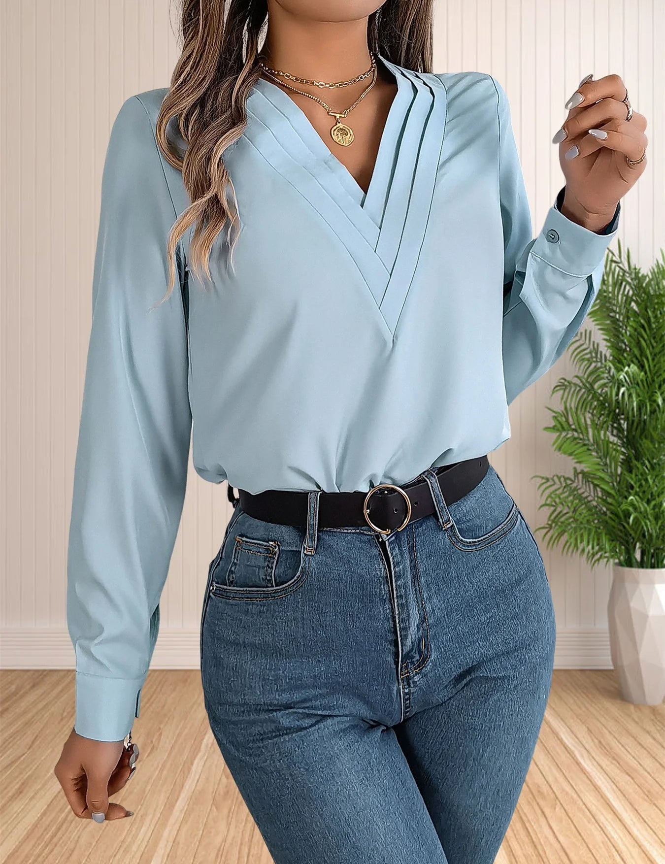 Pamela | Elegant Business Office Blouse Blue