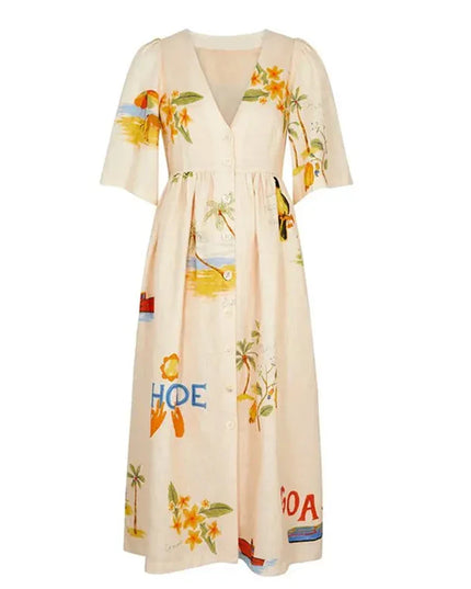 Alina™ | Printed Puff Sleeve Sun-Protective Midi Dress Dresses