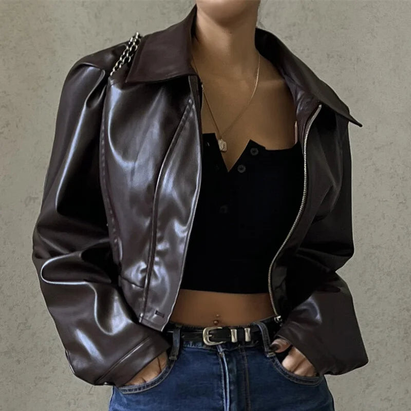 Faux Leather Crop Jacket Brown Women Jacket