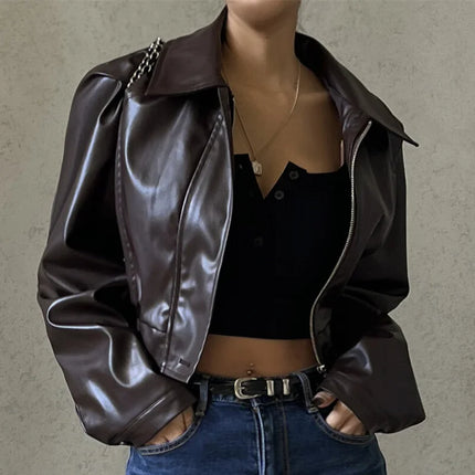 Faux Leather Crop Jacket Brown Women Jacket