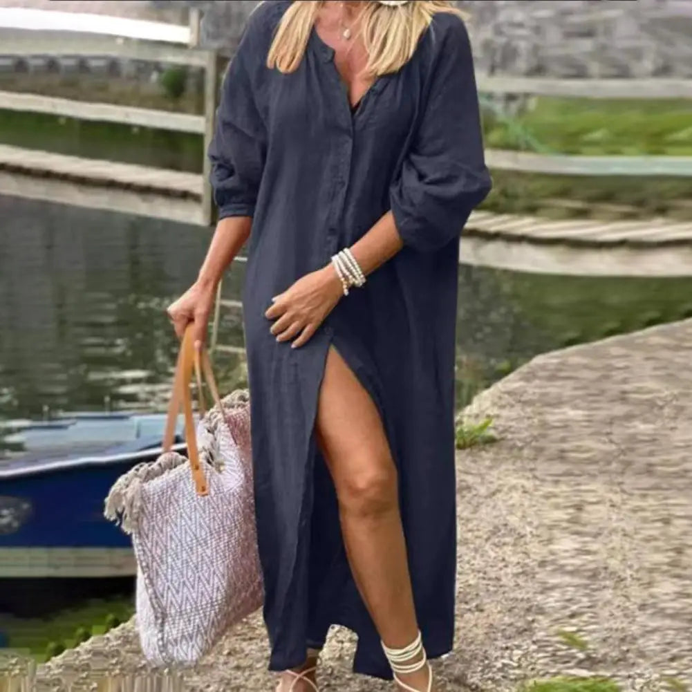 Kira™ | Chic Button-Down Maxi Dress Blue Dress