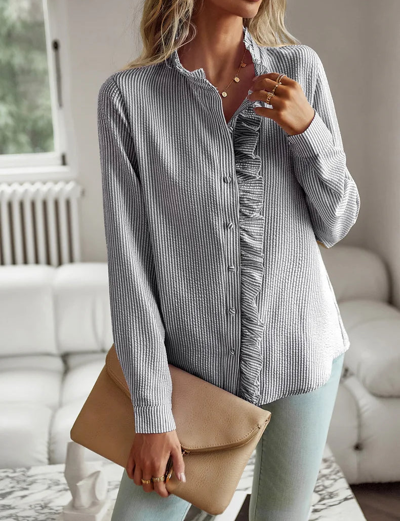 Nora I Elegant Office Frill with Stand-Up Collar Shirt Black Women Blouse