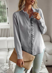 Nora I Elegant Office Frill with Stand-Up Collar Shirt Black Women Blouse