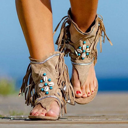 Holly™ - Retro Fringe Boho Sandals Khaki