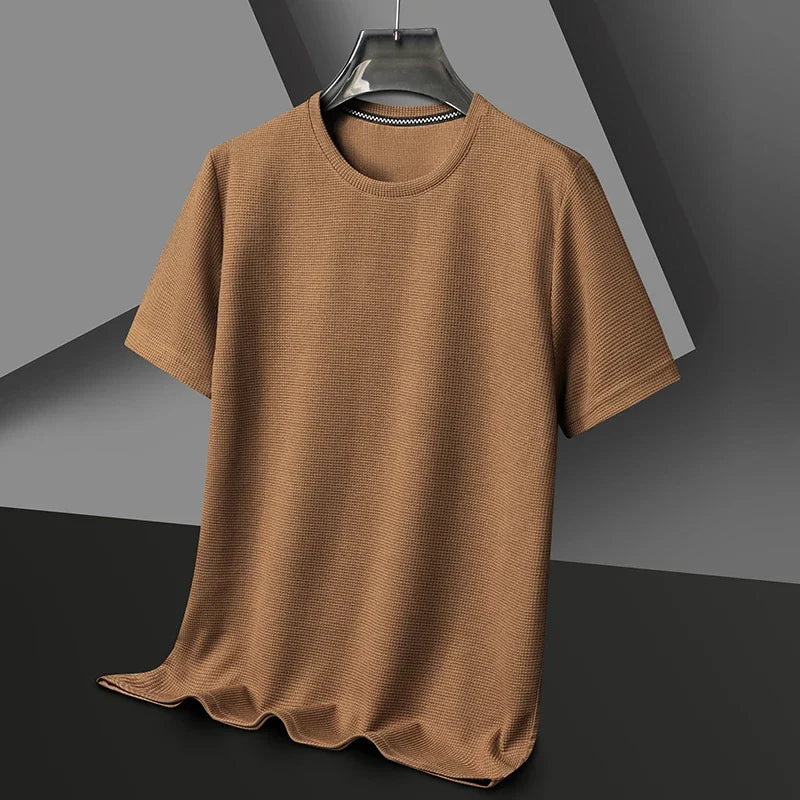 Men’s Summer Waffle Knit Round Neck T-Shirt – Lightweight Casual Tee Yellow Men T-Shirts