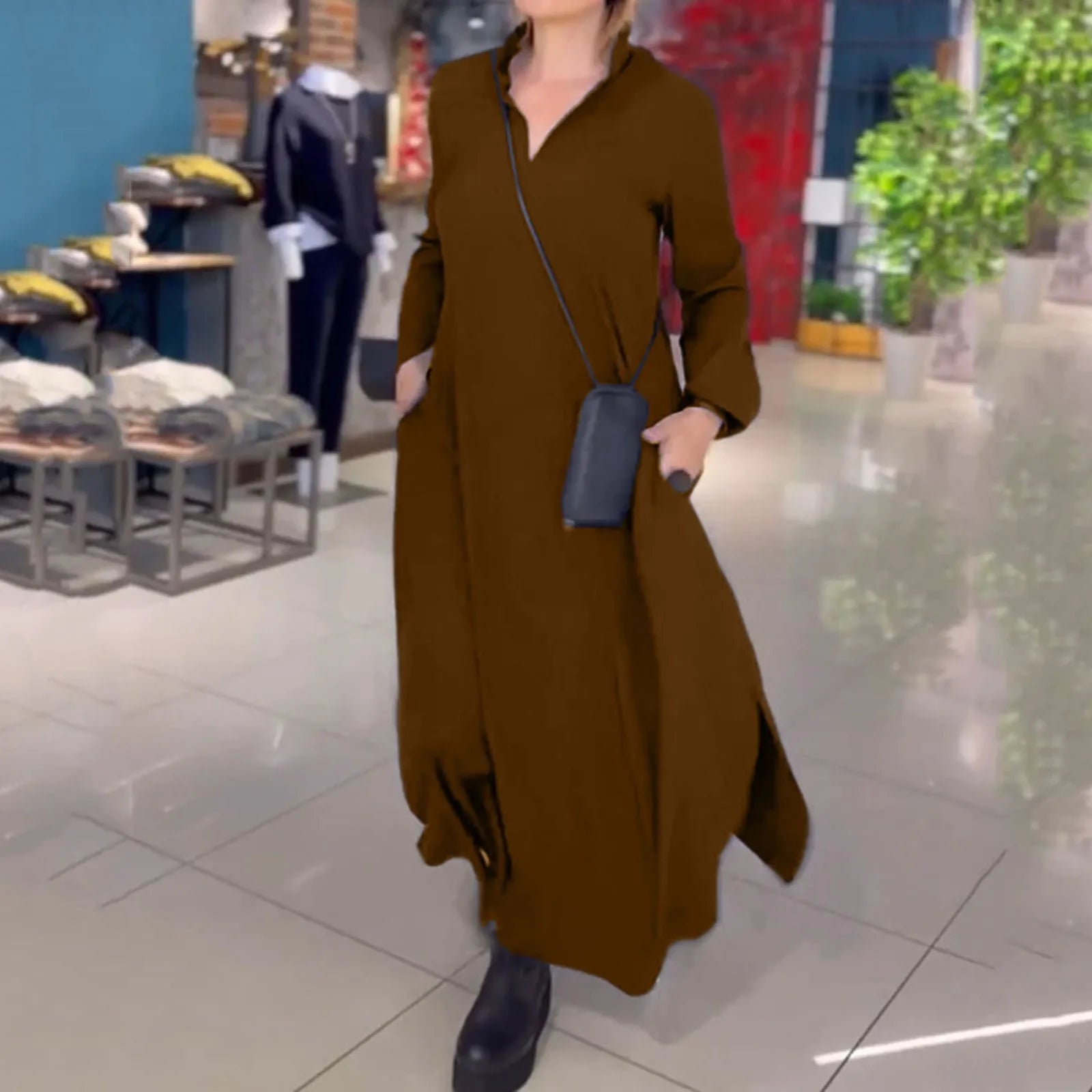 Brisa | Elegant Long-Sleeve V-Neck Maxi Dress Brown Dresses