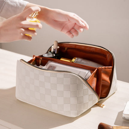 Boho Luxury Checkered Makeup Bag Cream Cosmetic Bag
