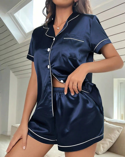 Women’s Silk-Satin Button-Down Pajama Set Navy Blue Sets