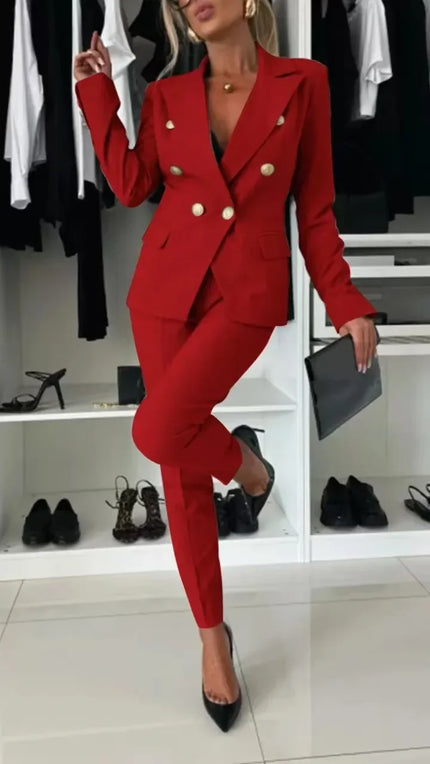 Elyse™ | Corporate Set Blazer & High Waist Pencil Pants Red Two piece set