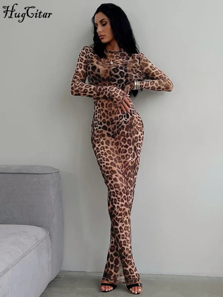 Hugcitar Leopard Print Mesh Maxi Dress Dresses
