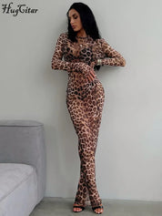 Hugcitar Leopard Print Mesh Maxi Dress Dresses