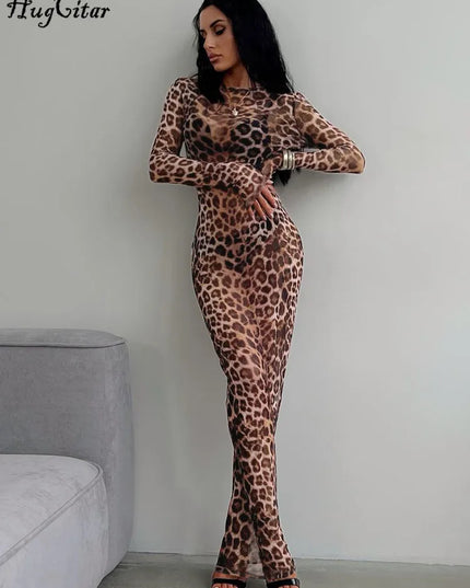 Hugcitar Leopard Print Mesh Maxi Dress Dresses